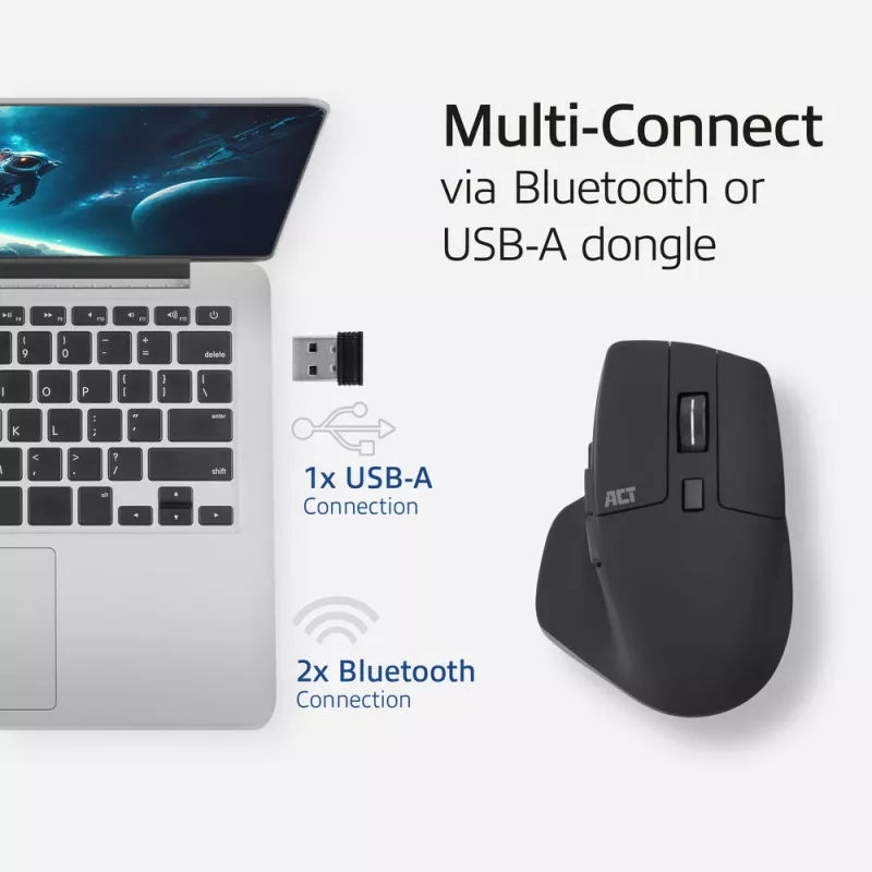 Rato ACT Wireless Multi-Connect Bluetooth ou recetor USB-A, 2400 DPI com Silent Click, ecológico