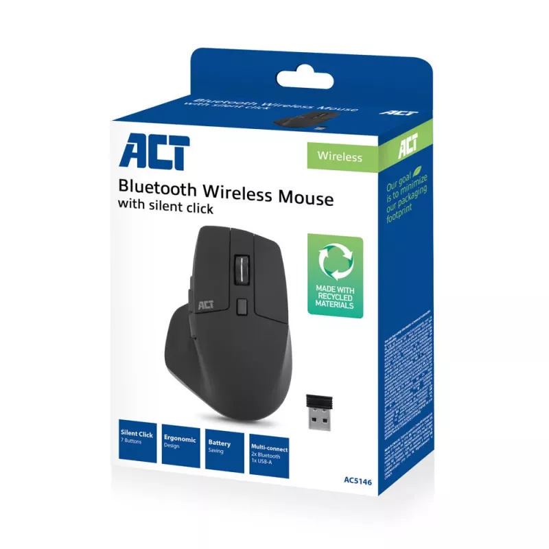 Rato ACT Wireless Multi-Connect Bluetooth ou recetor USB-A, 2400 DPI com Silent Click, ecológico
