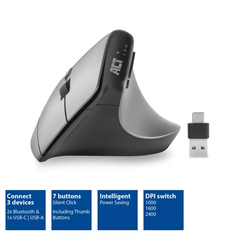 Rato ergonómico sem fios ACT com Bluetooth e USB-C/USB-A