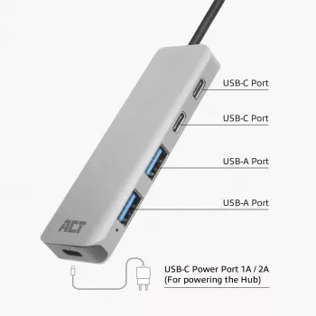 Hub USB ACT AC6125 3.2 Gen 1 Type-A 5000 Mbit/s cinzento