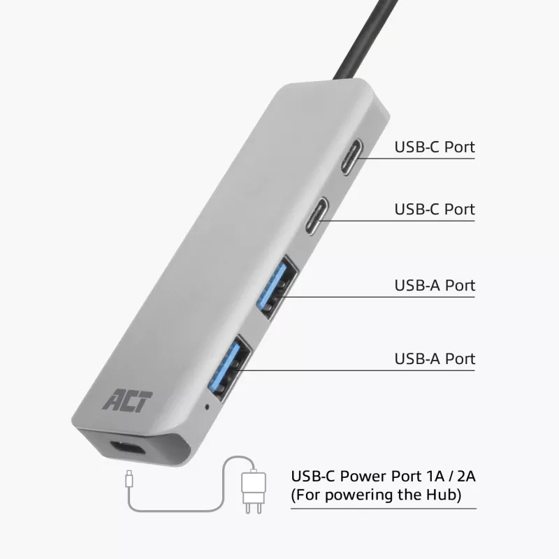 Hub USB ACT AC6125 3.2 Gen 1 Type-A 5000 Mbit/s cinzento