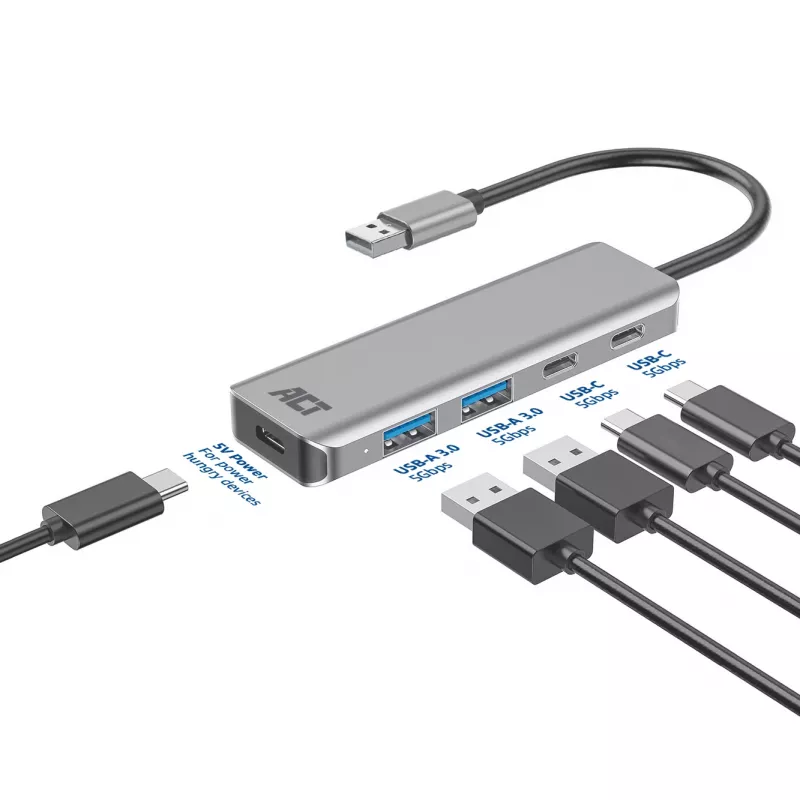 Hub USB ACT AC6125 3.2 Gen 1 Type-A 5000 Mbit/s cinzento