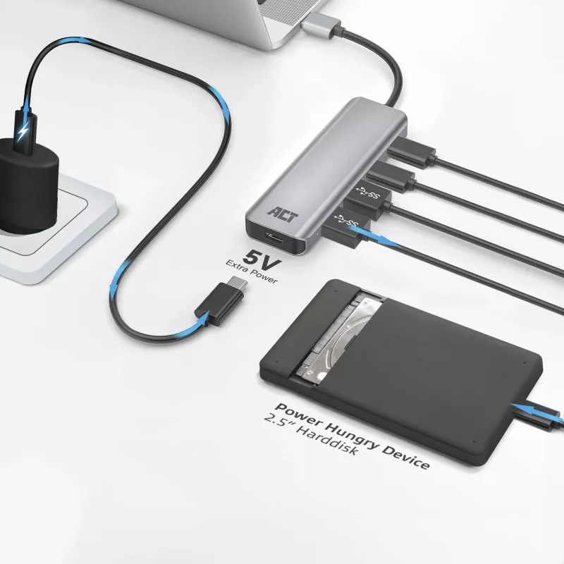 Hub USB ACT AC6125 3.2 Gen 1 Type-A 5000 Mbit/s cinzento