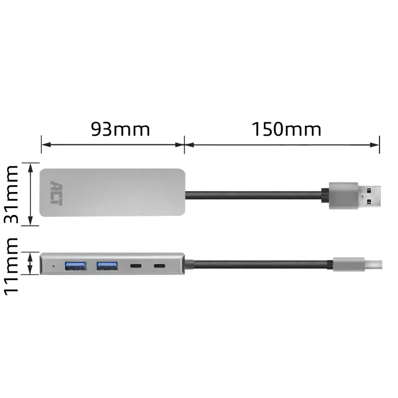 Hub USB ACT AC6125 3.2 Gen 1 Type-A 5000 Mbit/s cinzento
