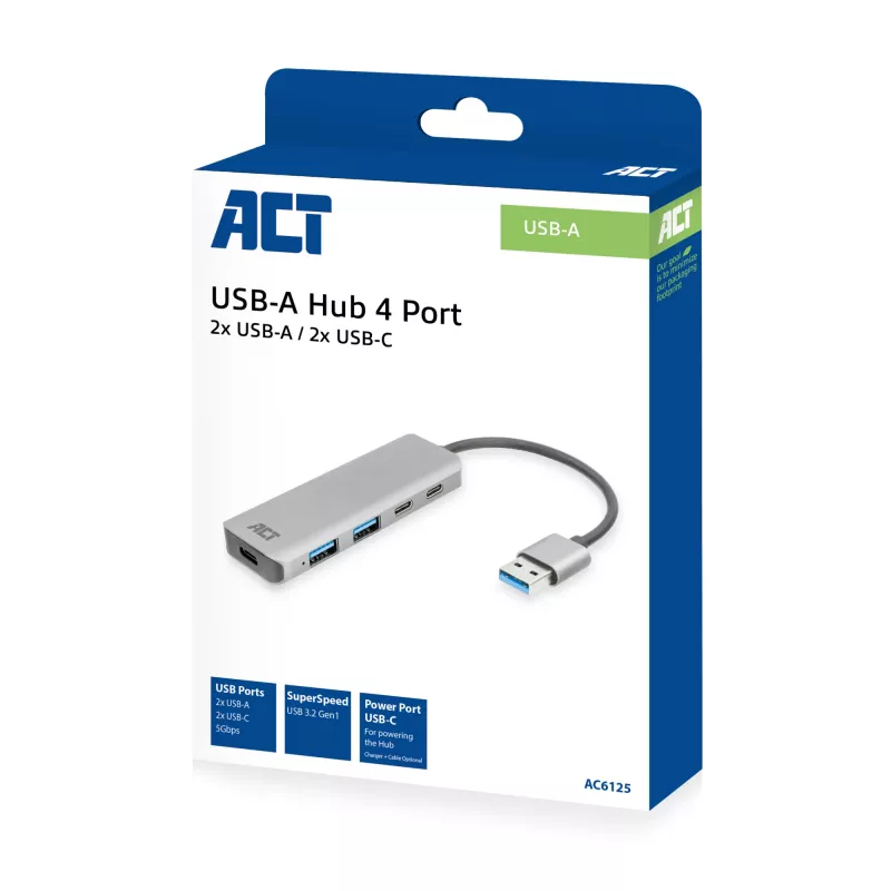 Hub USB ACT AC6125 3.2 Gen 1 Type-A 5000 Mbit/s cinzento