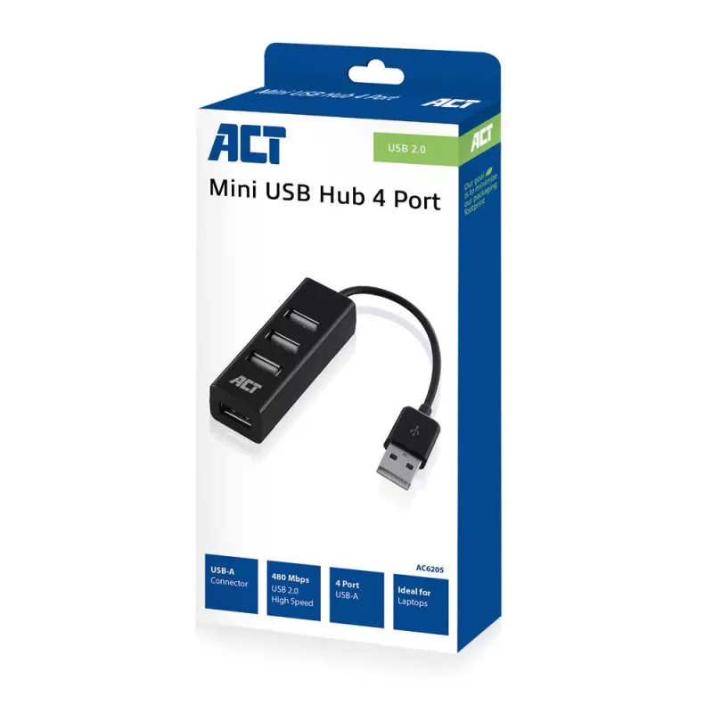 Hub USB ACT AC6205 2.0 480 Mbit/s preto 0,12m