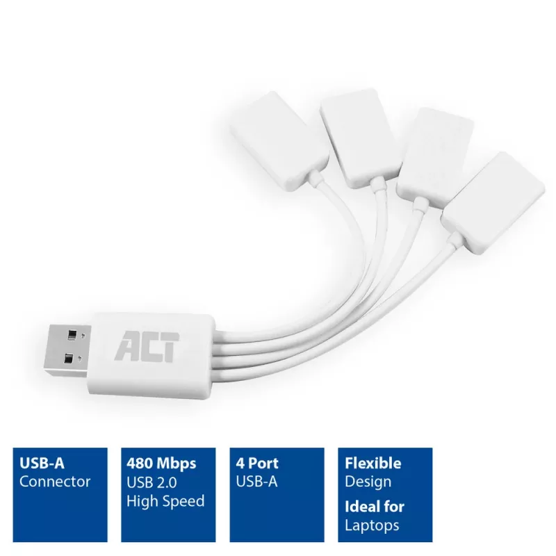 Hub USB ACT 4 portas USB-A flexível USB 3.2 Gen 1 branco 480 Mbit/s