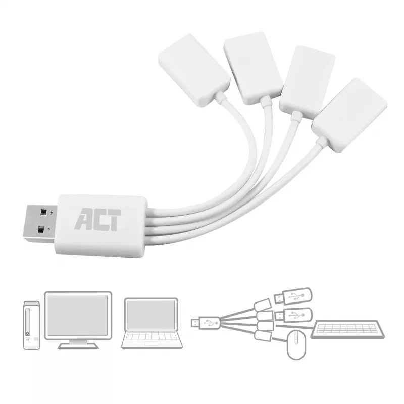 Hub USB ACT 4 portas USB-A flexível USB 3.2 Gen 1 branco 480 Mbit/s