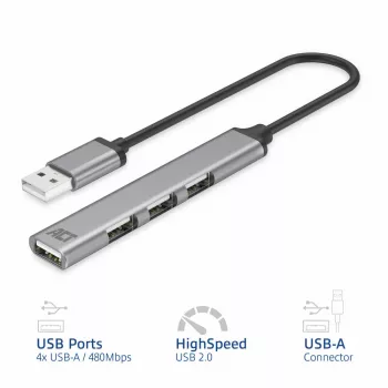 Hub USB 2.0 ACT AC6225 480 Mbit/s cinzento alumínio