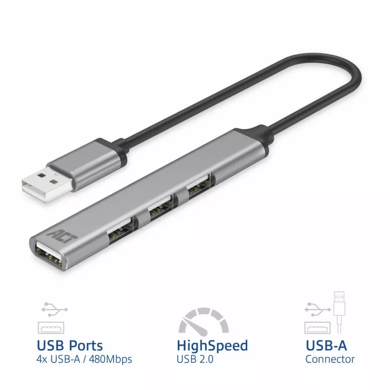 Hub USB 2.0 ACT AC6225 480 Mbit/s cinzento alumínio