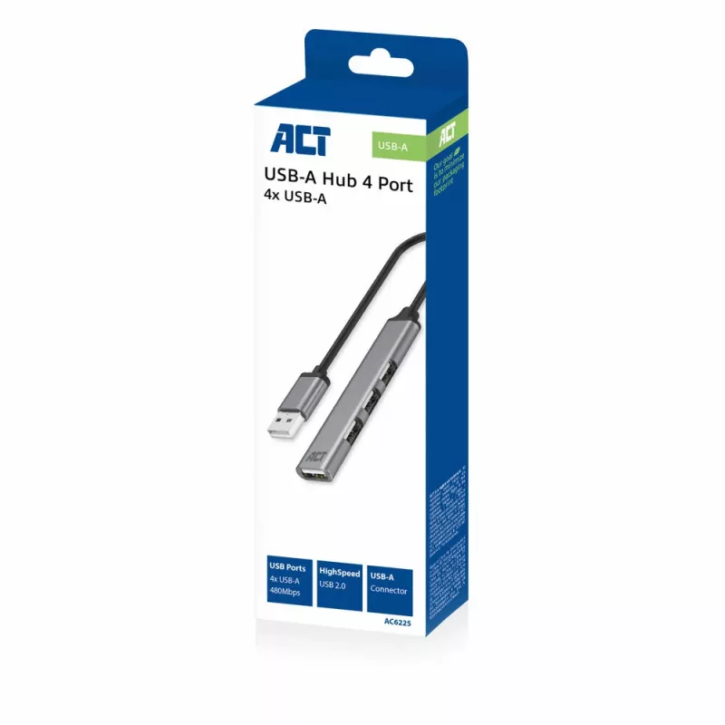 Hub USB 2.0 ACT AC6225 480 Mbit/s cinzento alumínio