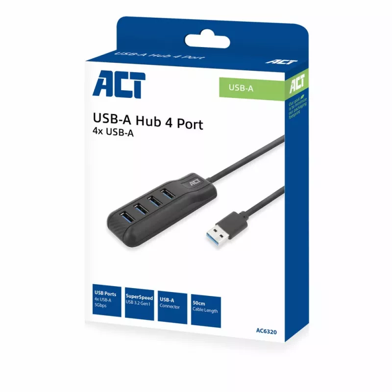 Hub de interfaces ACT AC6320 USB 3.2 Gen 1 (3.1 Gen 1) Type-A 5000 Mbit/s preto