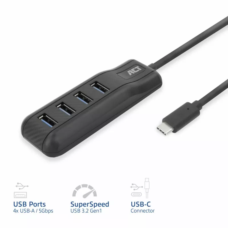 Hub de interfaces ACT AC6420 USB 3.2 Gen 1 (3.1 Gen 1) Type-C 5000 Mbit/s preto