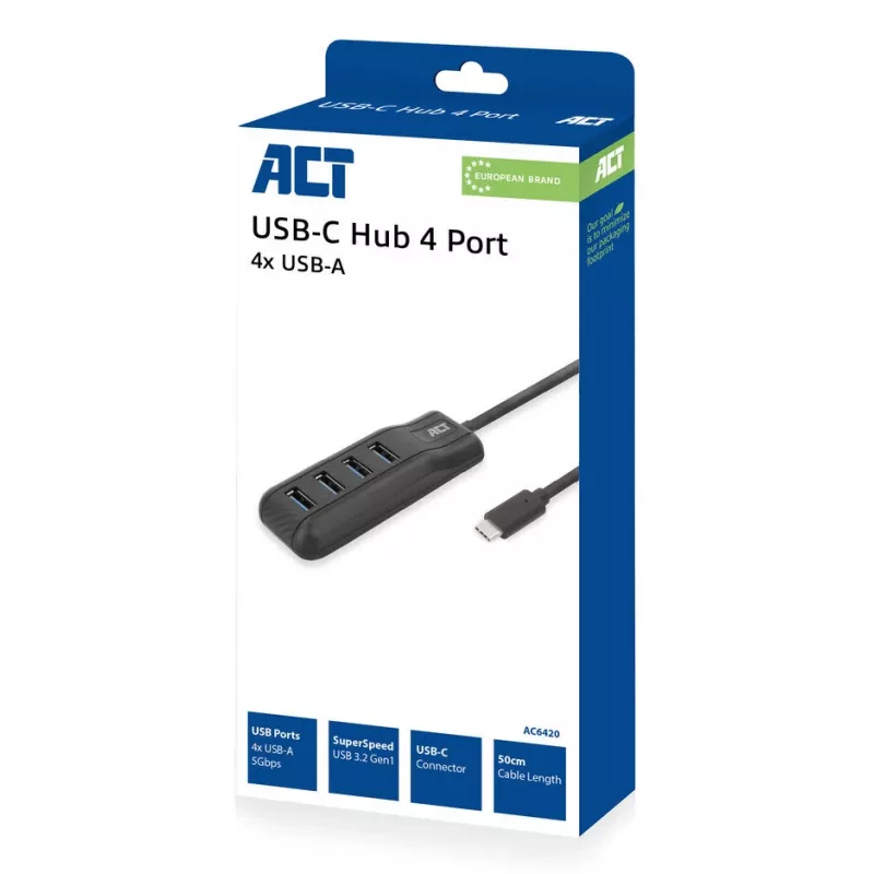 Hub de interfaces ACT AC6420 USB 3.2 Gen 1 (3.1 Gen 1) Type-C 5000 Mbit/s preto
