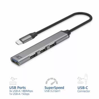 Hub USB ACT AC6425 Type-C 5000 Mbit/s alumínio cinzento