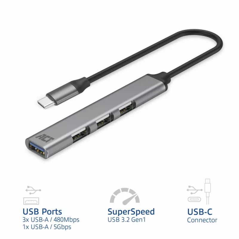 Hub USB ACT AC6425 Type-C 5000 Mbit/s alumínio cinzento