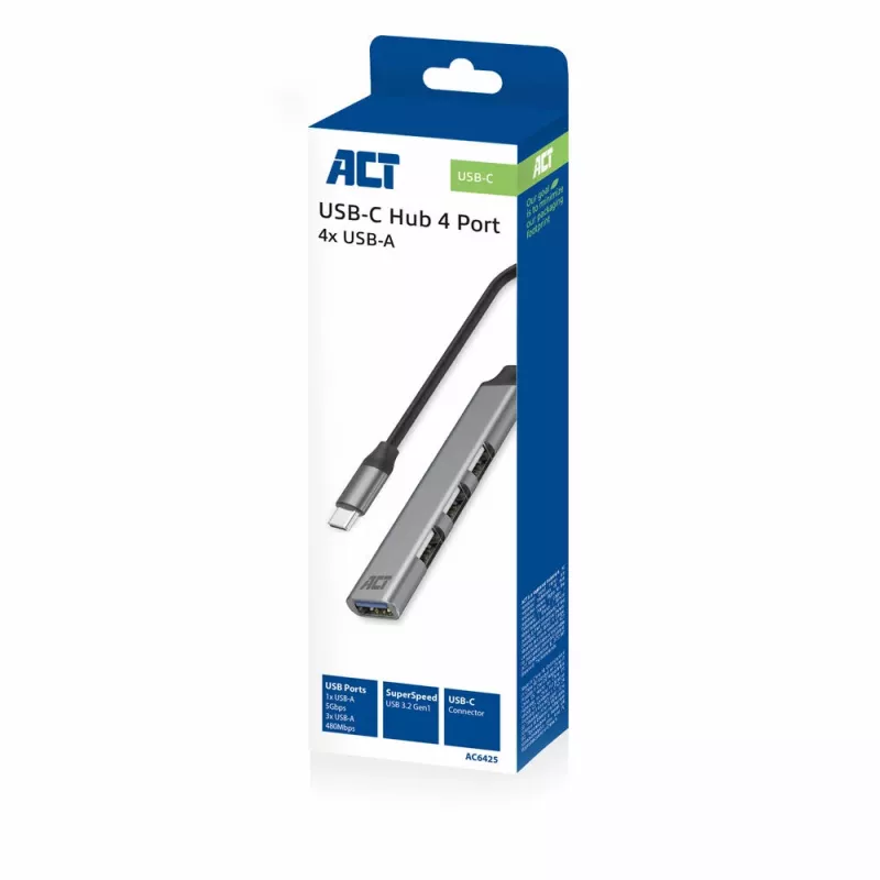 Hub USB ACT AC6425 Type-C 5000 Mbit/s alumínio cinzento