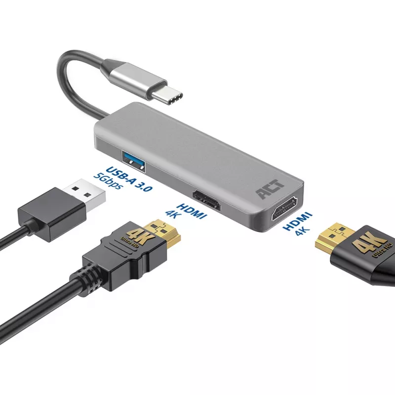 Adaptador multiporta USB-C 4K ACT para 2 monitores HDMI, porta de dados USB-A