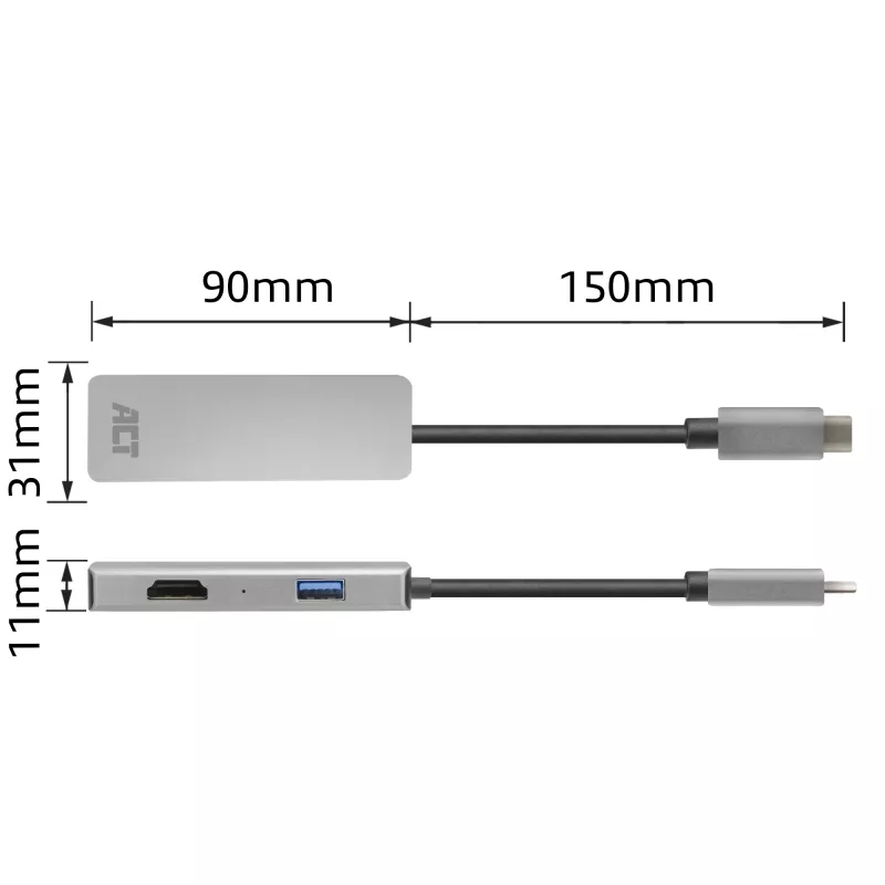 Adaptador multiporta USB-C 4K ACT para 2 monitores HDMI, porta de dados USB-A