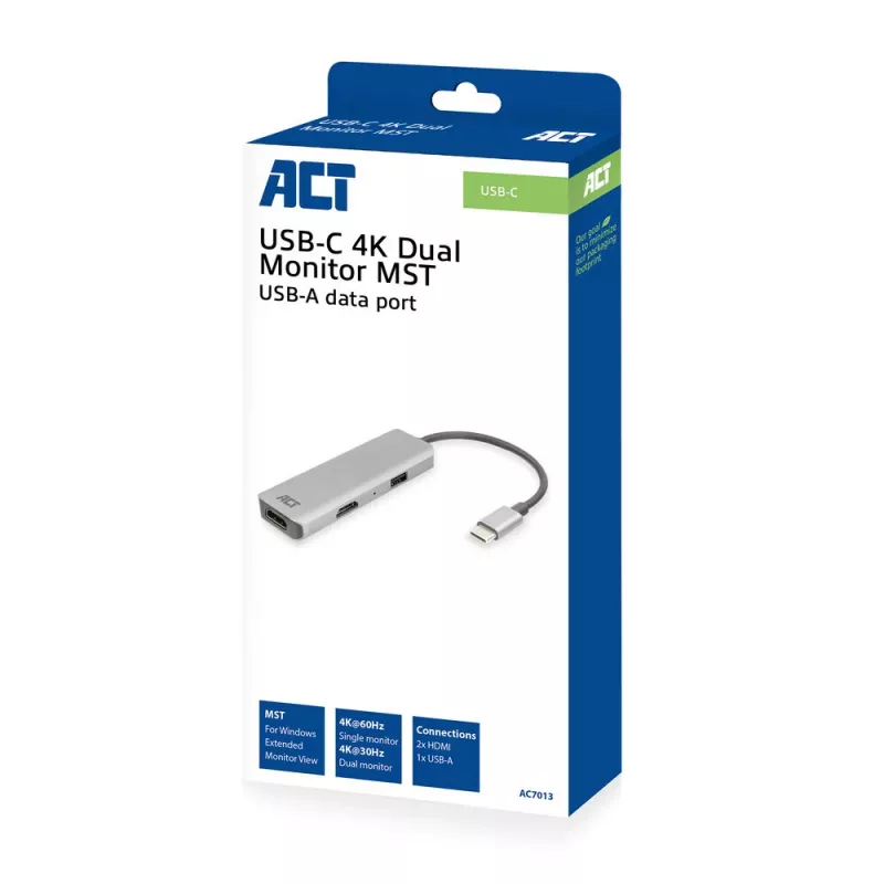 Adaptador multiporta USB-C 4K ACT para 2 monitores HDMI, porta de dados USB-A