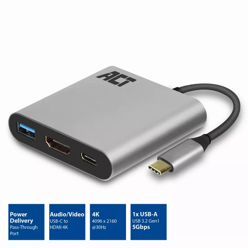 Adaptador multiporta USB-C ACT para 1 monitor HDMI, 1x USB-A, passagem PD