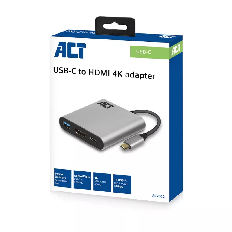 Adaptador multiporta USB-C ACT para 1 monitor HDMI, 1x USB-A, passagem PD
