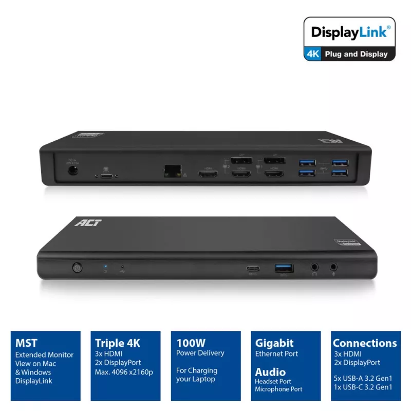 Docking station USB-C ACT 4K, para 2 ou 3 monitores HDMI/DisplayPort, DisplayLink