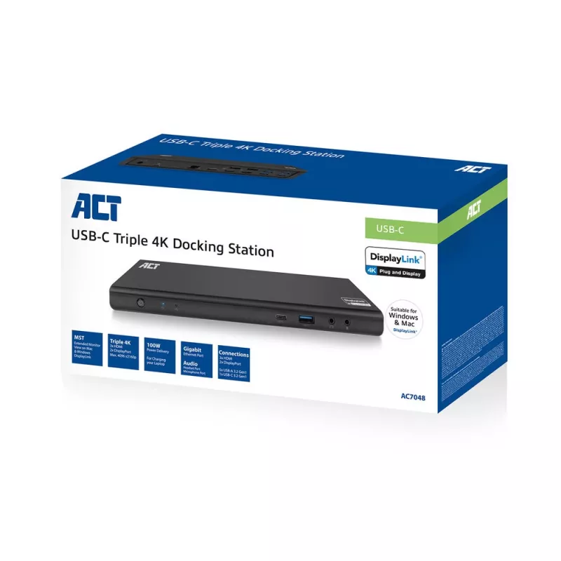 Docking station USB-C ACT 4K, para 2 ou 3 monitores HDMI/DisplayPort, DisplayLink