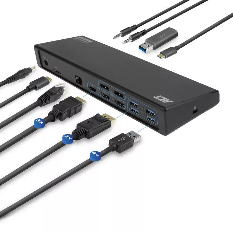 Docking station USB-C ACT 4K, para 2 ou 3 monitores HDMI/DisplayPort, DisplayLink