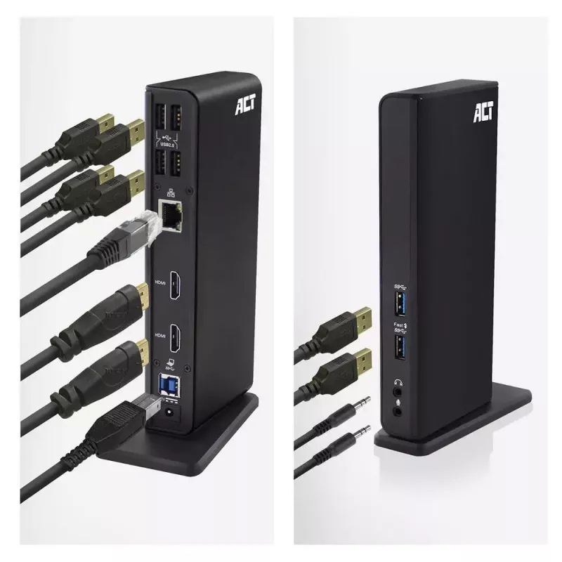 Docking station universal USB-C ou USB-A ACT, para 2 monitores HDMI, DisplayLink