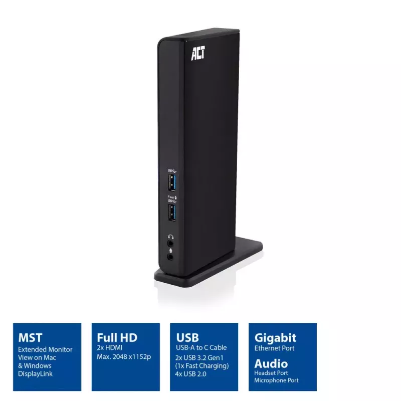 Docking station universal USB-C ou USB-A ACT, para 2 monitores HDMI, DisplayLink