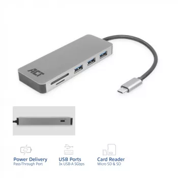 Hub USB-C ACT 3.0, 3x USB-A, leitor de cartões, passagem PD