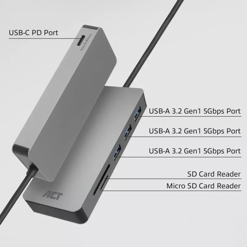 Hub USB-C ACT 3.0, 3x USB-A, leitor de cartões, passagem PD