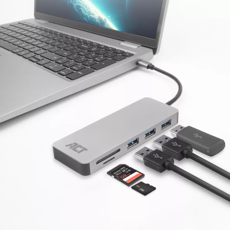 Hub USB-C ACT 3.0, 3x USB-A, leitor de cartões, passagem PD