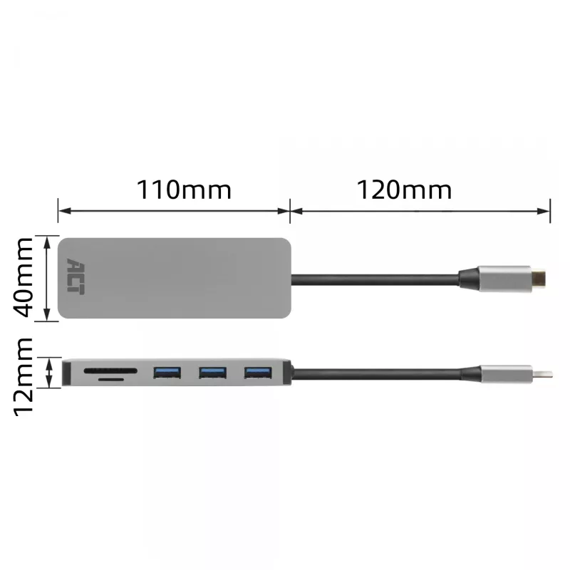 Hub USB-C ACT 3.0, 3x USB-A, leitor de cartões, passagem PD