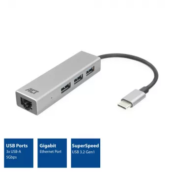 Hub USB-C ACT AC7055 3x USB-A Gigabit Ethernet