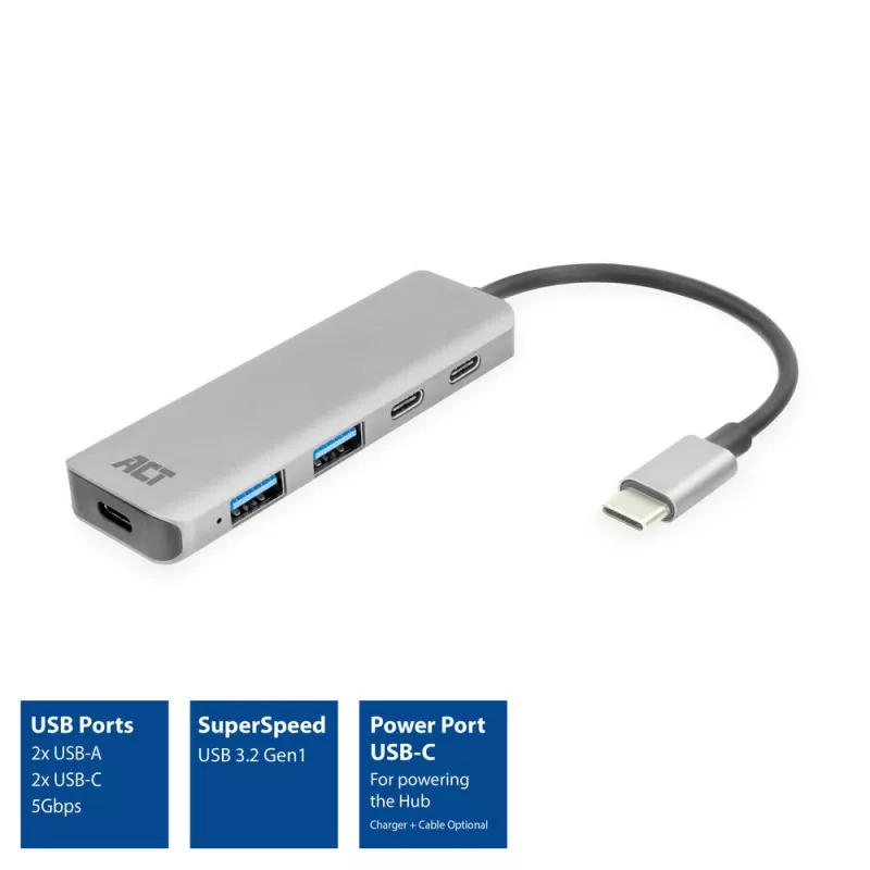 Hub USB 3.2 Gen 1 Type-C ACT AC7072 5000 Mbit/s preto cinzento