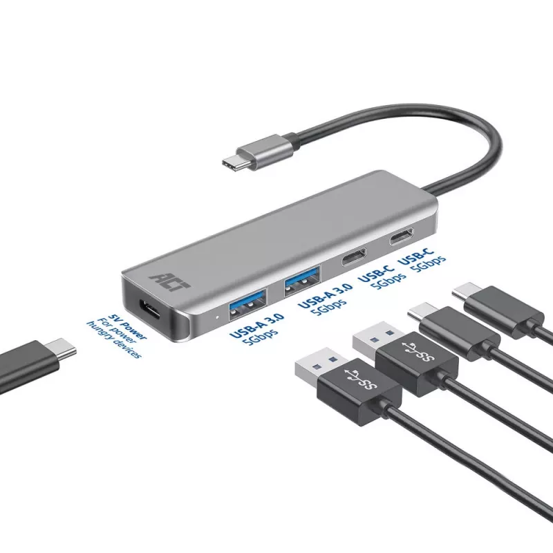 Hub USB 3.2 Gen 1 Type-C ACT AC7072 5000 Mbit/s preto cinzento