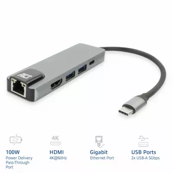 Docking station USB-C 4K ACT para 1 monitor HDMI, Ethernet, USB-A, passagem PD