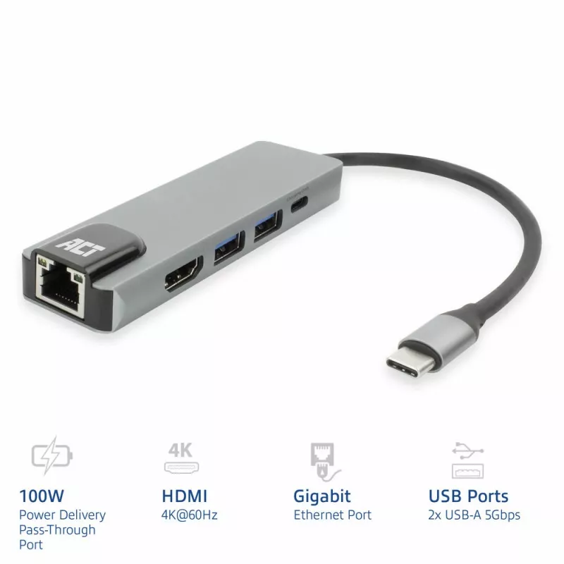 Docking station USB-C 4K ACT para 1 monitor HDMI, Ethernet, USB-A, passagem PD