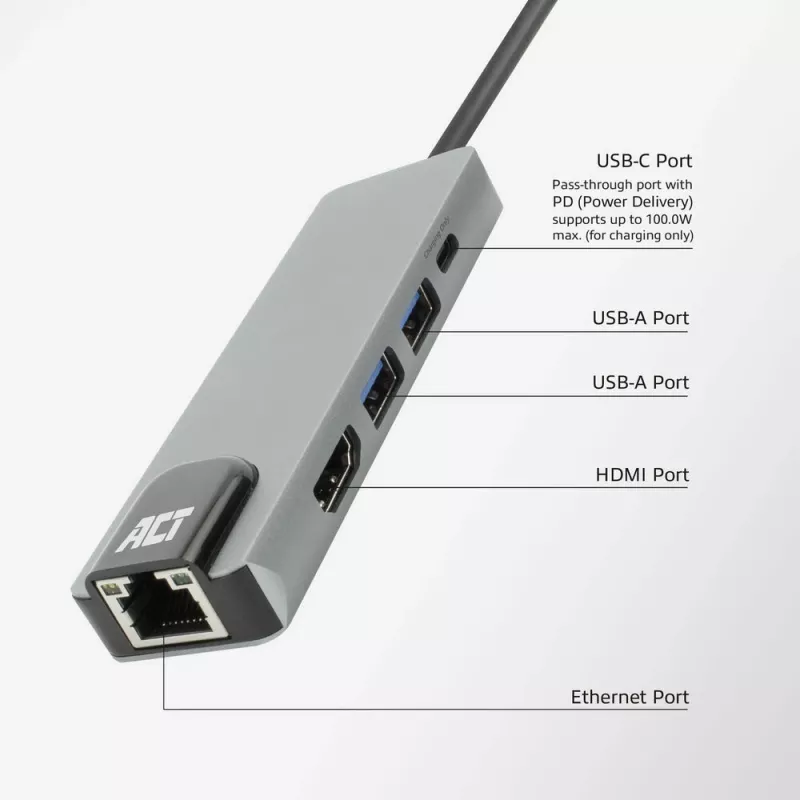 Docking station USB-C 4K ACT para 1 monitor HDMI, Ethernet, USB-A, passagem PD