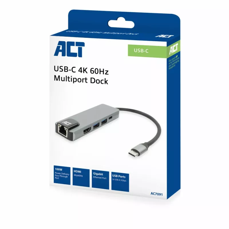 Docking station USB-C 4K ACT para 1 monitor HDMI, Ethernet, USB-A, passagem PD