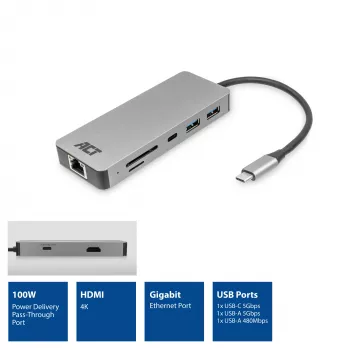 Docking station USB-C 4K ACT para 1 monitor HDMI, Ethernet, USB-C, USB-A, leitor de cartões e passagem PD