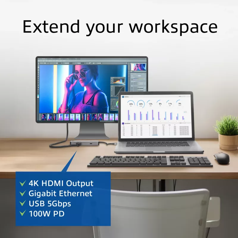 Docking station USB-C 4K ACT para 1 monitor HDMI, Ethernet, USB-C, USB-A, leitor de cartões e passagem PD