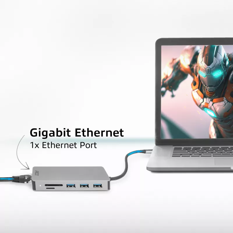 Docking station USB-C 4K ACT para 1 monitor HDMI, Ethernet, USB-C, USB-A, leitor de cartões e passagem PD