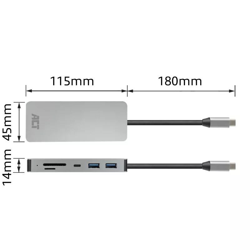 Docking station USB-C 4K ACT para 1 monitor HDMI, Ethernet, USB-C, USB-A, leitor de cartões e passagem PD