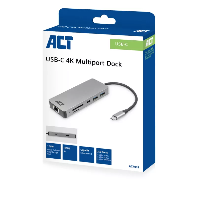 Docking station USB-C 4K ACT para 1 monitor HDMI, Ethernet, USB-C, USB-A, leitor de cartões e passagem PD