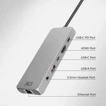 Docking station USB-C 4K / 8K 30Hz ACT para 1 monitor HDMI, 2,5 Gigabit Ethernet, USB-C 10Gbps, USB-A 10Gbps, áudio 3,5mm, passagem PD