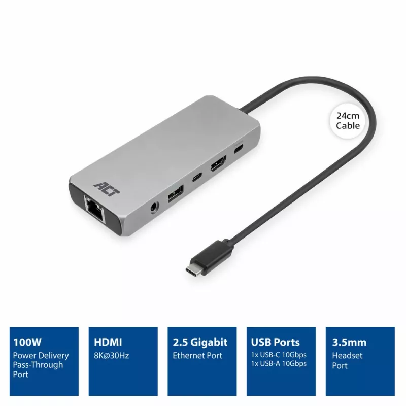ACT AC7095 estação de acoplamento USB-C, USB 3.2 Gen 1, com fios, cinzento