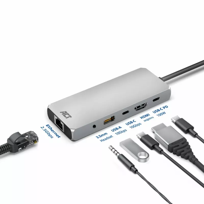 ACT AC7095 estação de acoplamento USB-C, USB 3.2 Gen 1, com fios, cinzento